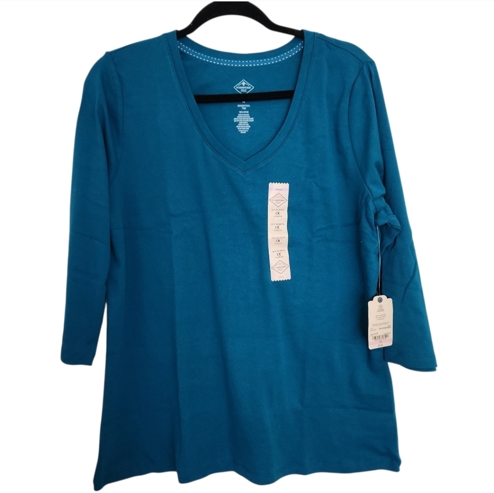 St. John's Bay Essential Tee V-neck 3/4 Sleeve Top in Teal Dream Size 1X
